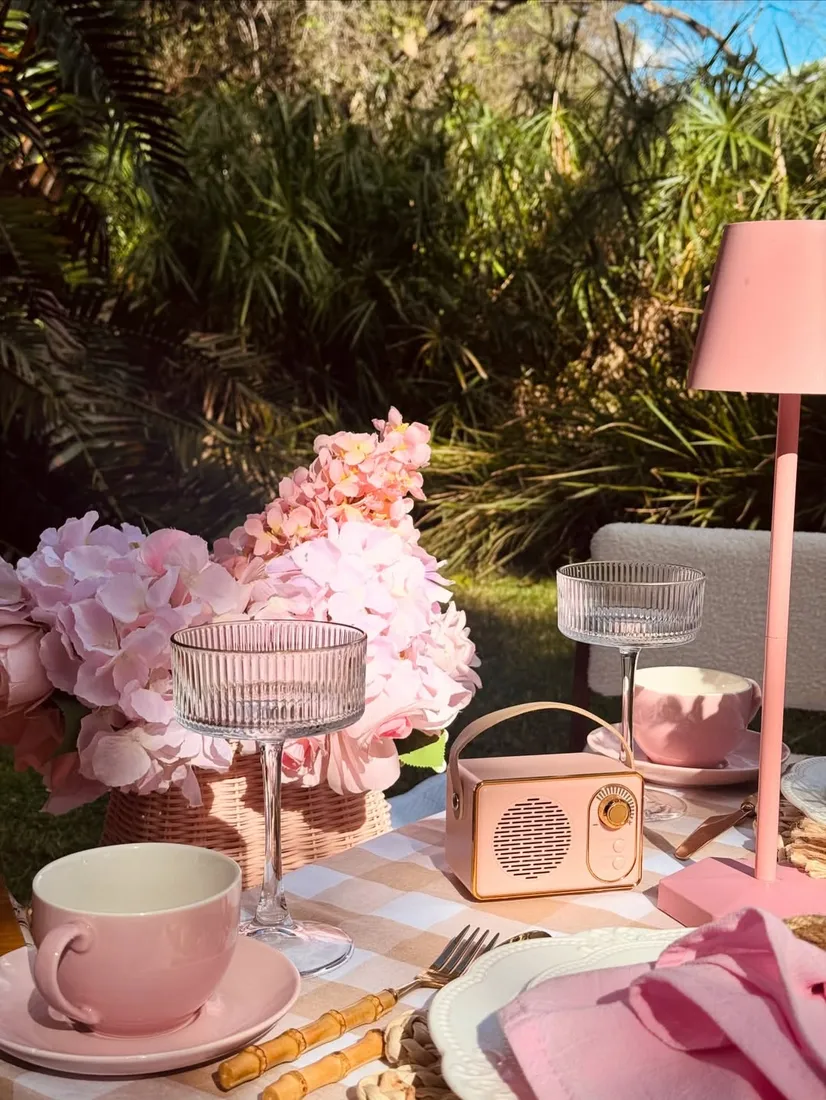 Luxury pastel picnic tablescape styling