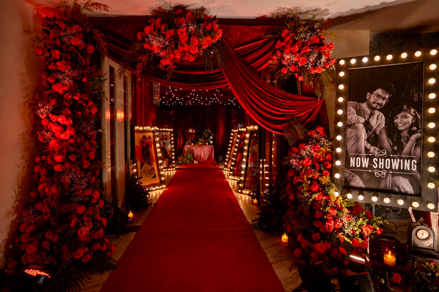 Red carpet cinema-themed wedding entrance with rose florals